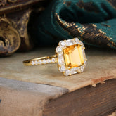 2.5CT Radiant Cut Citrine Engagement Ring Pave Halo Bridal Ring